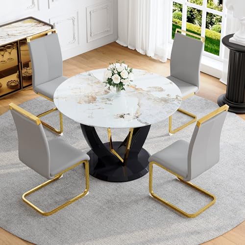 Round Faux Marble Dining Table Set for 4, Modern 42" Temepred Glass Tabletop with Black Glossy Pedestal, 5 Piece Circle Kitchen Table Set with 4 Upholstered Chairs