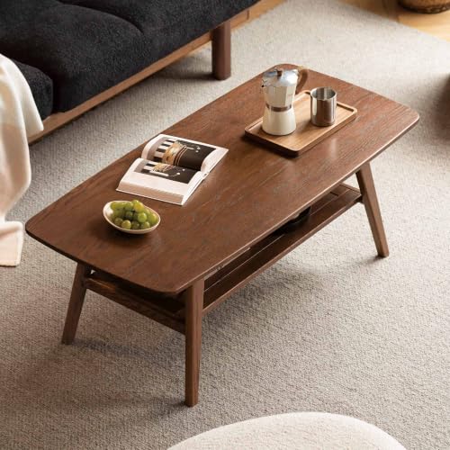100% Solid Wood Coffee Table for Living Room, Mid Century Modern Small Tables with Shelf Storage, Storage Coffee Table with Rounded Corners (Oak Wood Walnut Color, 47.24" L)