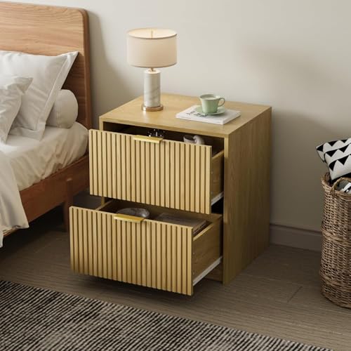 3-Piece Dresser Bedroom Set, 9 Drawer Dresser & 2 Drawer Nightstands with Gold Handles, Fluted Wood Chest of Drawers for Bedroom, Living Room, Entryway, Nature