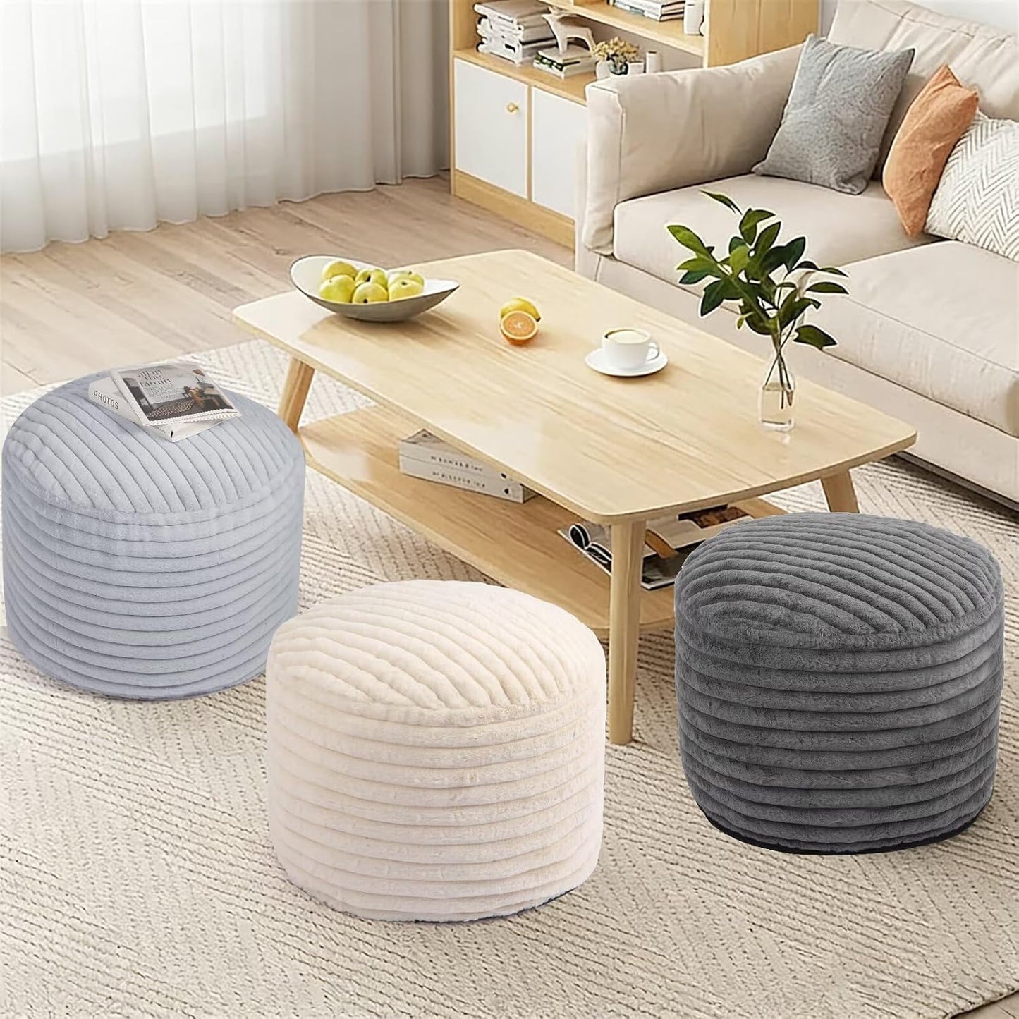 Round Stuffed Pouf Ottoman Foot Rest for Couch round Ottoman with Foam Chunk Filling Stripe Faux Fur Ottomans for Living Room Floor (20"X15",Beige)