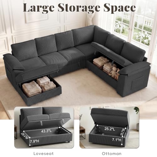 108 Inch Sectional Sleeper Sofa Bed with Pull Out Couch, U Shaped 7 Seat Cloud Modular Sectional Sofa with Storage, Corduroy Sectional Couches for Living Room, Removable Sofa Cover, Dark Grey