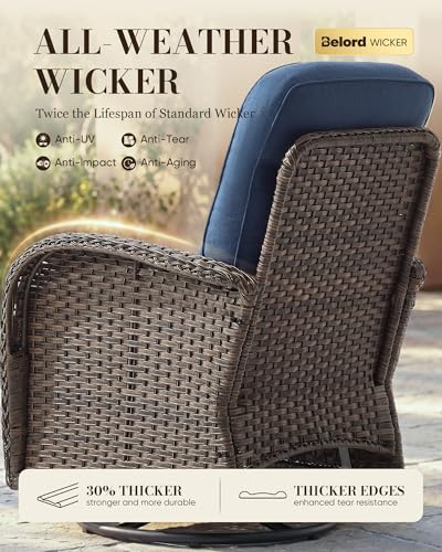 Upgraded 6“ Cushion Luxury Patio Furniture Set - 7 Piece Wicker Furniture Set, Comfort Outdoor Couch and High Back Swivel Rocker Patio Chairs, Conversation Set for Deck Porch - Brown/Blue