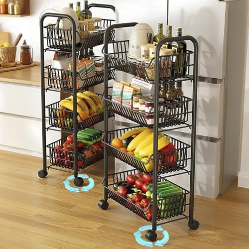 3 Tier Rolling Cart,Simple Trending 4 Tier Rolling Fruit Vegetable Basket Cart with 4 Detachable Wheels,Storage Rack for Kitchen,Bedroom for Bread Onion Potatoes(4 Floors)