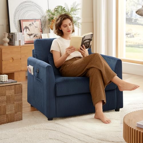 Modern Corduroy Accent Chairs, 38" W Reading Armchair with Comfy Pillows and Side Pockets, Single Reading Chairs for Living Room, Bedroom, Apartment, Navy Blue