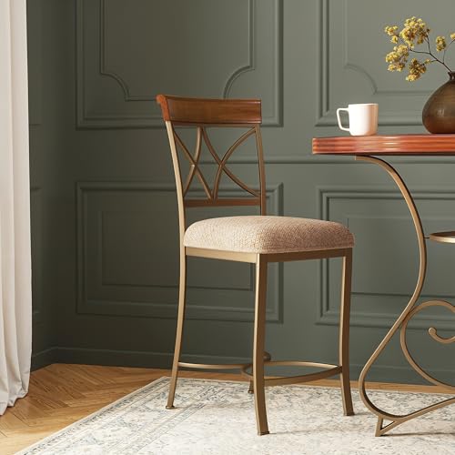 Powell Hamilton Metal 24.5 Inch Seat Height Counter Stool with Beige Upholstered Seat and Cherry Wood Accented Back