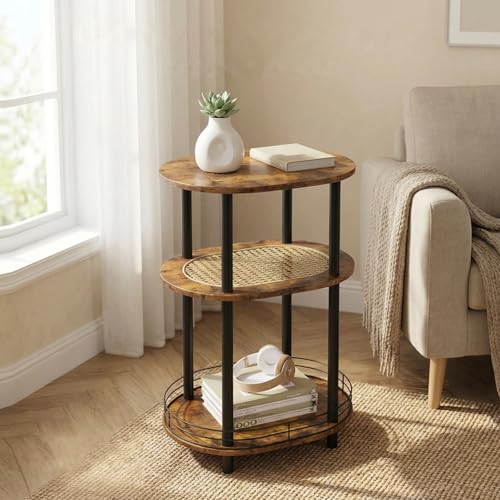 Small Rattan Side Table with Storage, 3 Tier Round/Oval End Table with Rattan Shelf, Boho Nightstand, Tool Free Assembly/Screw-Hole Free Tabletop-Living Room Bedroom-Brown