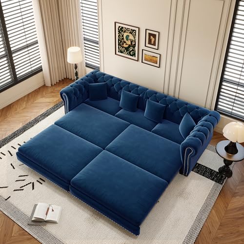 Pull Out Sofa Bed King, Chesterfield Velvet Sleeper Sofa, Convertible L-Shaped Futon Couch, Tufted Back, 2 Pillows, Ottoman, Deep Seat Loveseat Couches for Living Room (Blue, 89'')