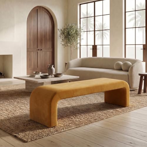 SAFAVIEH Couture Collection Caralynn Butterscotch Velvet Upholstered Curved Waterfall Bench (Fully Assembled)