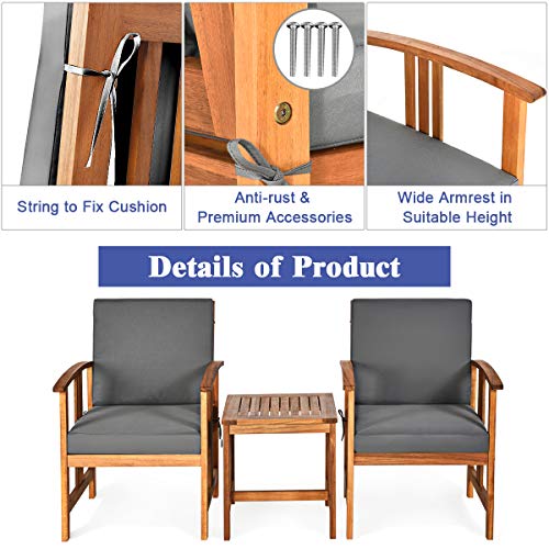 3 Pieces Patio Furniture Set, Includes Set of 2 Outdoor Acacia Wood Cushioned Chairs and Coffee Table, for Garden, Backyard, Poolside, Bistro and Deck, Patio Conversation Chat Set (Gray)