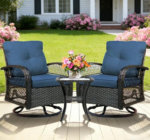 YLGJ&TIDY Outdoor Patio Furniture 3PCS Set Wicker Swivel Rocking Armchairs Set of 2 Rattan Coffee Table Cushions Patio Swivel Glider Chairs Set for Backyard Balcony Garden (Blue, Wicker 1)