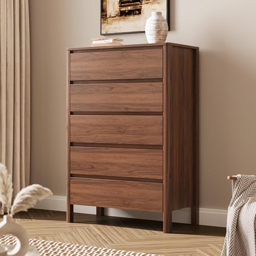Walnut 5 Drawer Dresser for Bedroom, Modern Tall Dresser with Hidden Handles, view 7