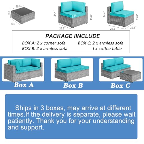 Blue seven piece wicker patio sectional with coffee table, view 8