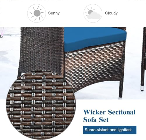 4-Piece Rattan Patio Set, Outdoor/Indoor Wicker Conversation Set for Pool, Backyard, Lawn, Wicker Chairs and Sofa with Soft Cushion, Rattan Furniture with Tempered Glass Coffee Table