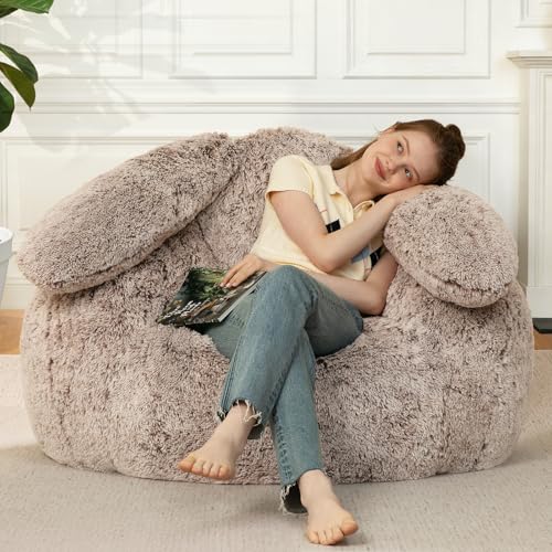 Bean Bag Chair for Adults Teens Giant Fluffy Plush Bean Bag Sofa with Filler Faux Fur Rabbit Shaped Beanbag Chairs Comfy Accent Floor Couch for Gaming, Reading in Bedroom, Living Room, Dorm
