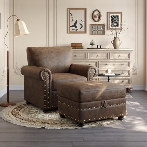 Faux Leather Ottoman with Storage, Rectangle Ottoman Coffee Table with Nailhead Trim, Solid Wood Legs, Oversized Upholstered Footrest Stool for Living Room, Bedroom, Apartment, Brown