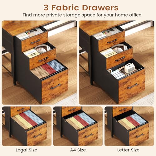 L Shaped Desk with Hutch and 3 Drawers, Convertible 94.5" Computer Desk with File Drawer, L Shaped Office Desk with Power Outlet, LED Lights, Storage and Pegboard for Home Office, Brown