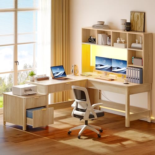 L Shaped Desk with Hutch & Drawers, Natural Oak, 67", view 2