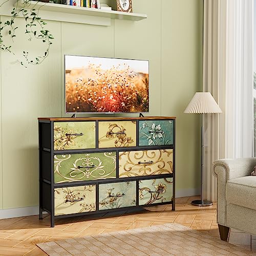 8 Drawer Dresser, Wide Fabric Chest of Drawers, Vintage Furniture for Bedroom, Living Room, Hallway, Closet Clothes Storage, Wooden Top