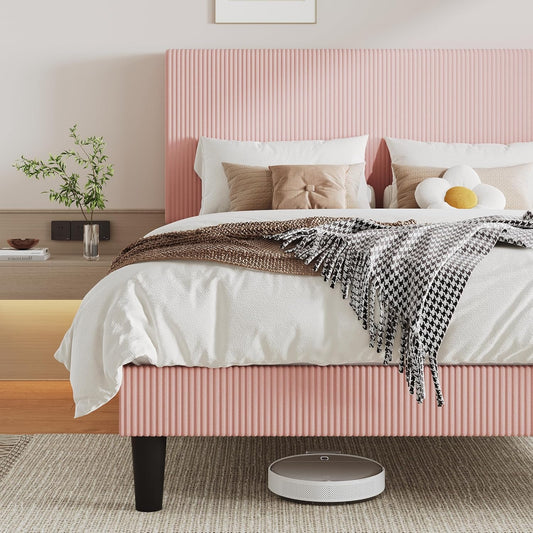 Full Size Upholstered Bed Frame with Vertical Channel Tufted Headboard, Soft Corduroy Fabric Platform Bed, Strong Wooden Slats Support, Easy Assembly, No Box Spring Needed, Light Pink