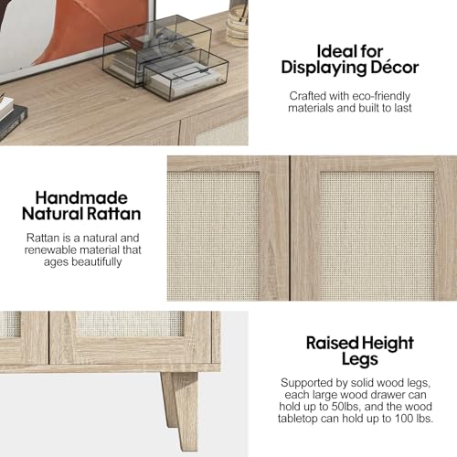 Buffet Storage Cabinet with Rattan Decorating 4 Doors Living Room Kitchen Sideboard 48.43 x 34.65 x 15 inch (Natural Wood)