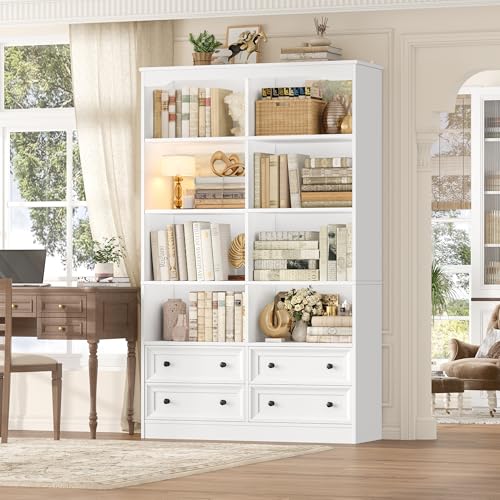 71" Tall Bookshelf with 4 Drawers, 6-Tier Double Wide Bookshelves and Bookcases with Storage, White Bookshelf Large Open Bookshelves Standing Book Cabinet for Home Office, White