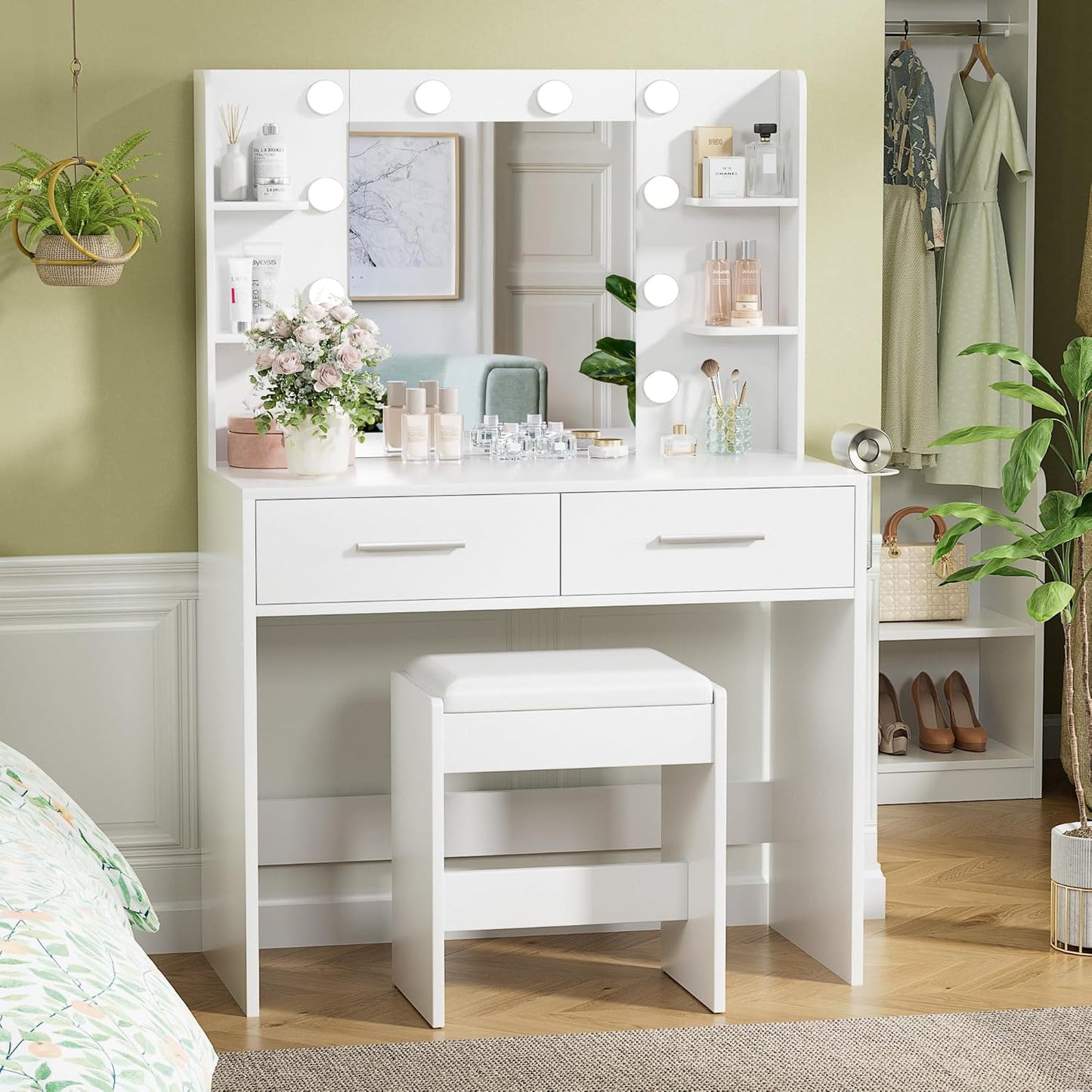 Vanity Desk with Mirror, Makeup Table with 2 Large Drawers, Power Outlet and round Holder, 3 Color Modes Adjustable Bulb, Bench Included, White