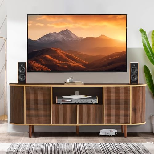 63" Fluted TV Stand with Storage for TVs up to 75", Brown | Modern Mid Century Entertainment Center Media Console with Adjustable Shelves and Open Storage for Living Room, Bedroom