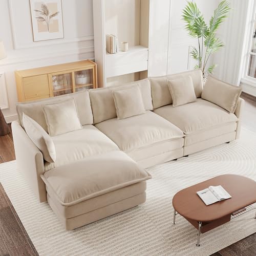 Modular Sectional Sofa, 111.5 Inch L Shaped Couch Set for Living Room, 3-Seater Comfy Cloud Couches with Movable Ottoman, DIY Combination, Chenille, Light Coffee