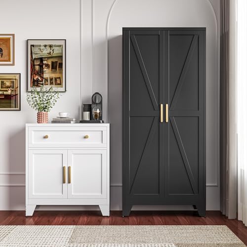 71" Metal Storage Cabinet with Doors and Shelves, Tall Pantry Cabinet in Black with 2 Doors & 4 Adjustable Shelves, All-Steel Farmhouse Cupboard for Kitchen, Living Room,Home Office,Garage