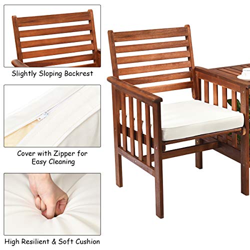 Acacia Wood Loveseat, 3pcs Outdoor Table Chairs Set, Patio Conversation Set w/Coffee Table and Soft Cushions, 2.1-inch Umbrella Hole, 2-Seater Furniture Set (White)