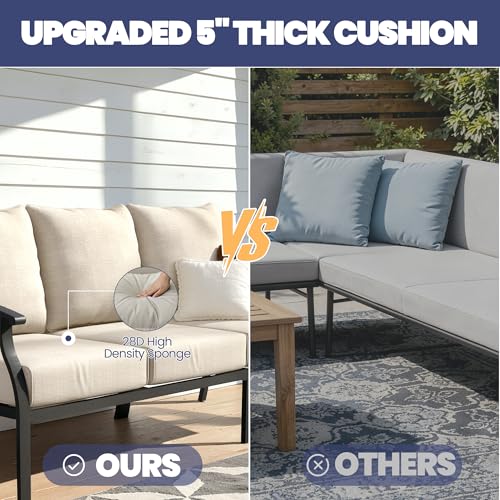 Patio Furniture Set,4 Piece Metal Outdoor Patio Furniture Set,All Weather Modern Patio Conversation Sets w/3 Seater Sofa,2 Single Sofas and Coffee Table for Balcony Deck,Sand