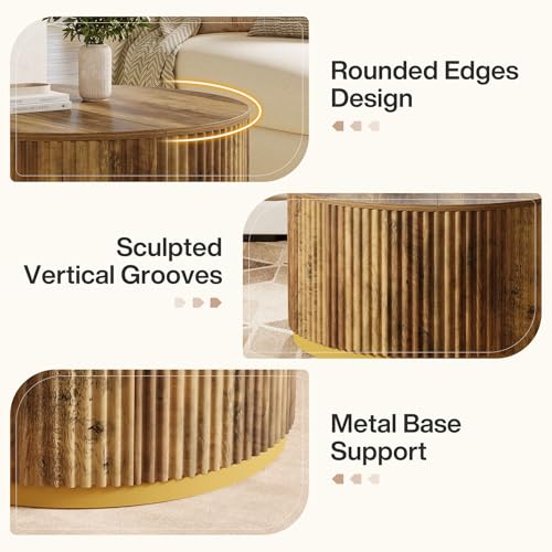 Tribesigns 31.5" Round Coffee Table, Fluted Wooden Center Table with Sturdy Drum Base, Mid Century Modern Furniture for Living Room, Small Space or Office, Rustic Brown
