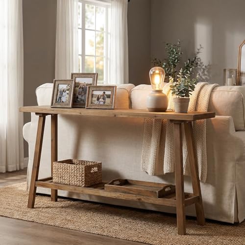 Reclaimed Solid Wood Console Table, 59" Long Farmhouse Entryway Tables, Rectangular Couch Table Behind Sofa, 2 Tiers Accent Tables for Hallway, Entrance, Foyer, Living Room