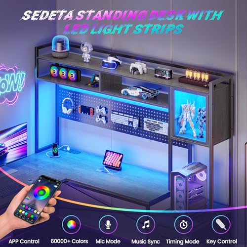 L Shaped Gaming Desk with Drawers, Reversible Computer Corner Desk with File Drawer, Hutch, Storage Shelves for Home Office, Gaming Two Person Desk with Led Lights, Power Outlet, Grey