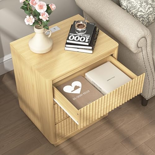 End Table Set of 2 with Fast USB C Charging Station, Sofa Side Table with 3Drawers, Large Storage Modern Wood Storage Cabinet for Living Room,Bedroom,Office, Natural