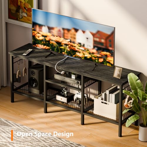 TV Stand with Power Outlets, Entertainment Center with Open Storage Shelves for TVs up to 55 Inch, Media Console Table with Soundbar Shelf for Living Room, Bedroom, Black Oak