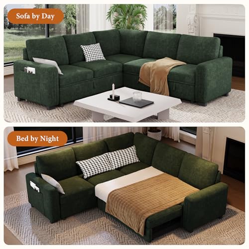 88.4" Sectional Sleeper Sofa with Pull Out Bed, 5 Seater L Shaped Modular Sectional Couch with Storage, Comfy Chenille Modular Couch for Living Room, Bedroom, Apartment, Green