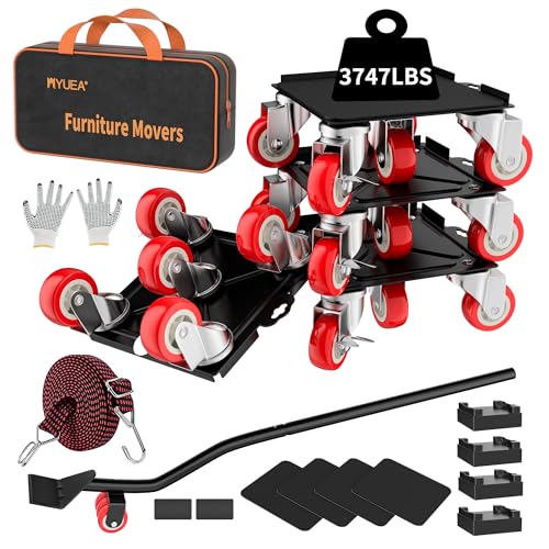 MYUEA Furniture Dolly,Furniture Movers with 5 Wheels,Carbon Steel Panel Heavy Duty Dolly,Maximum Load 3747 LBS,Furniture Lifter with 5 360° Rotatable Rubber Universal Wheels(Black,8.26x7.87 in)