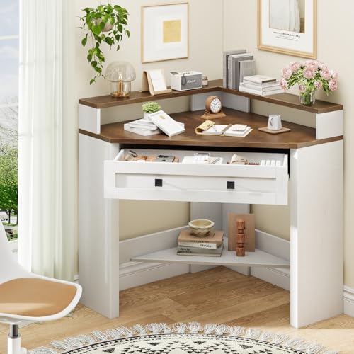 Corner Desk, Triangle Computer Desk Home Office Workstation with Drawer and Monitor Stand for Small Spaces Farmhouse Corner Vanity Table for Bedroom Study, Living Room (Rustic White and Brown)