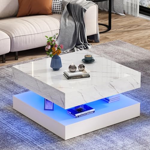 33.9 Inch Modern LED Coffee Table with Storage - High Gloss Black Square Center Table with 2 Drawers, Double-Layer Design for Living Room, Home Office Furniture,White Marble
