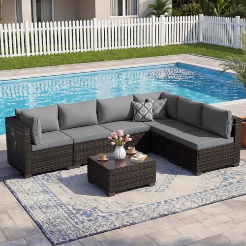 CHABATREE 7pcs Outdoor Patio Furniture Sets,Rattan Conversation Sectional Set,Manual Weaving Wicker Patio Sofa with Tea Table