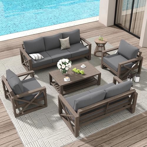 Aluminum Patio Furniture Set, 8 Pieces Modern Metal Outdoor Furniture, Faux Wood Grain Finish Frame Patio Sofa Sets with 6" Cushion for Backyard, Dark Grey (Included Waterproof Covers)