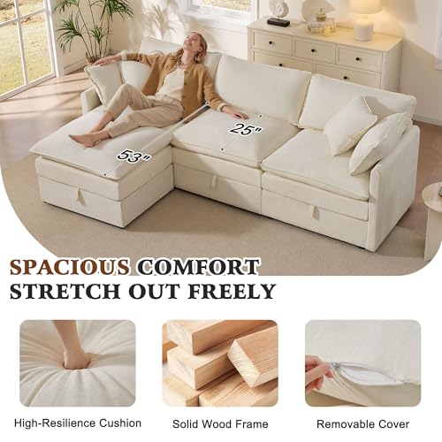 103" Modular Sectional Sofa with Storage, L Shaped Cloud Couch with Movable Ottomans & 4 Pillows, Chenille Deep Seat Sectional Couches for Living Room, Apartment (Beige)