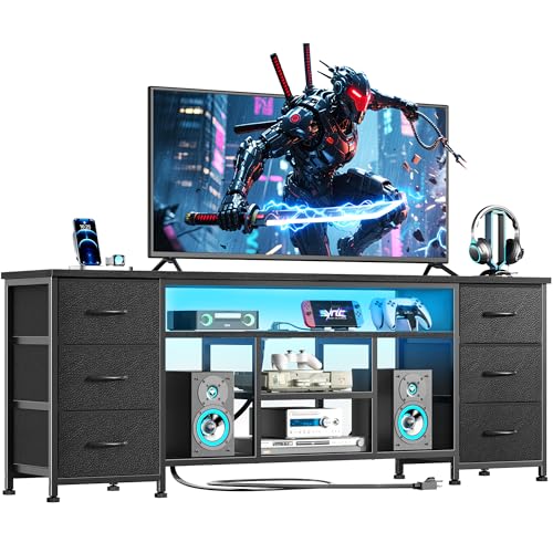 LED TV Stand for 65, 70 Inch TV, 63 Inch Entertainment Center with Power Outlets, 6 Fabric Drawers Dresser for Bedroom, Media Console with Open Shelves, PU Leather Surface, Black