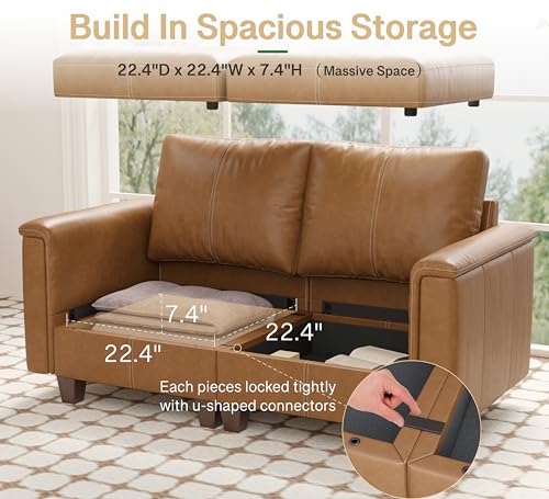 Faux Leather Modular Sectional Sofa with Storage, Mid Century Modern Sectional Couches for Living Room, 91" Wide 3 Seater L-Shaped Couch with Ottoman, Brown