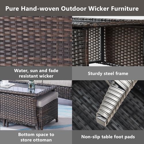 Outdoor Coffee Table with Tempered Glass Top, Patio Rectangular Brown Wicker, Handwoven Rattan Coffee Table Compatible with Patio Furniture Sets for Porch Deck Backyard