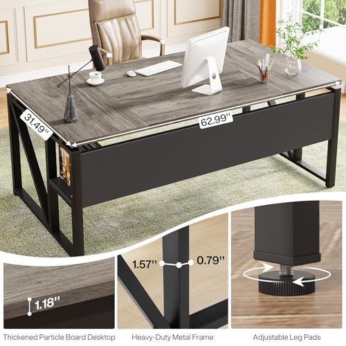 Tribesigns 63 inches Computer Desk with Bottom Storage Shelf Home Office Desk Writing Table for Workstation,Dark Walnut + Steel Leg, Cabinet not Included (Grey, 63-inch-with Shelf)