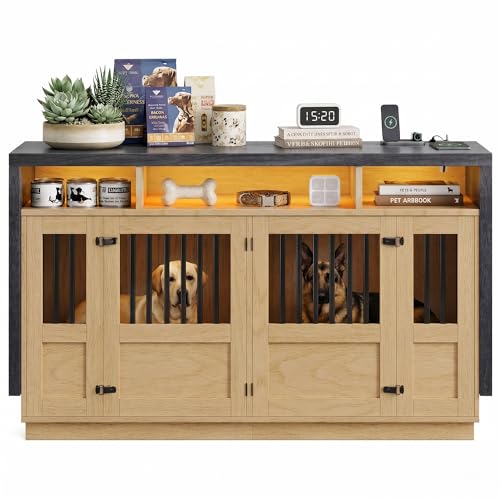 Furniture Dog Crate, 71" Double Dog Crate Furniture Natural & Grey, view 8