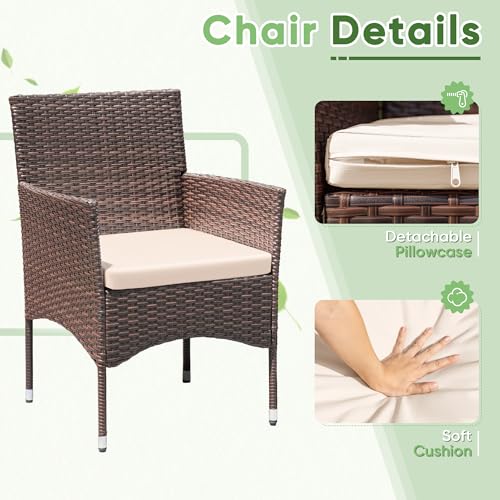 3 Pieces Patio Dining PE Rattan Wicker Chair Furniture Set with Cushion and Glass Coffee Table for Outdoor Garden Backyard Poolside, Brown and Beige