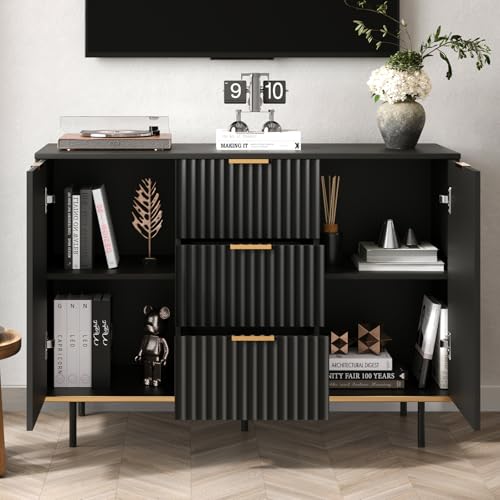 Fluted Sideboard Buffet Cabinet with Storage, 47.2" Modern Coffee Bar Station with Adjustable Shelves and Doors, Wood Accent Cupboard for Dining Room, Entryway, Living Room, Black